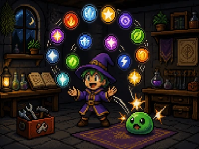 Pixel art wizard in a workshop juggling twelve glowing effect orbs beside a squashing slime