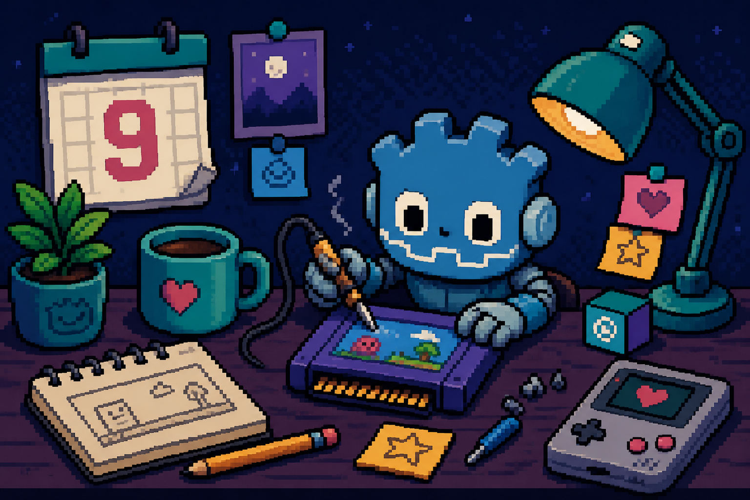 Pixel art robot at a night desk finishing a tiny game cartridge beside a calendar marked day 9