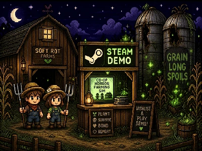 Pixel art of two indie developers beside a Steam demo booth with rotting grain silos and green spore particles