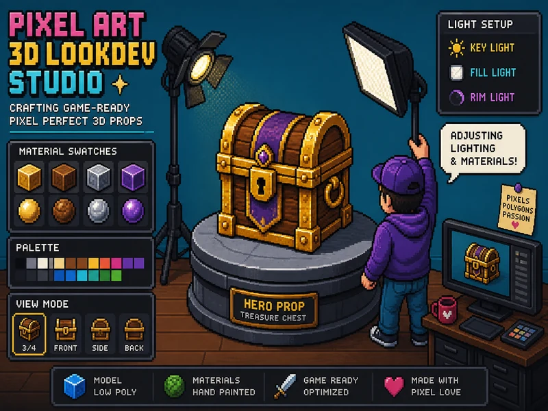 Pixel art of a game-art lookdev studio with a hero prop on a turntable under studio lights, for a Marmoset Toolbag 5.03 upgrade test