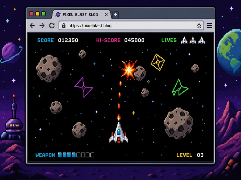 Pixel art of a browser arcade shooter with asteroids and a neon ship, for a Phaser AE v2.6 vector arcade agent test