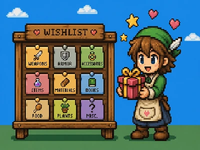 Pixel art of a shopkeeper beside a wishlist board of labeled category folders, holding a wrapped gift box